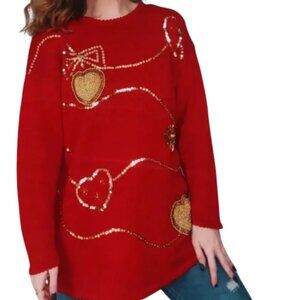 1980's Red Sweater with Gold Bead & Sequin Hearts - Large